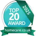 A circular badge with a green ribbon displaying 2025, the text Top 20 Award in the centre, and homecare.co.uk at the bottom.