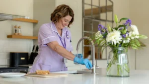 A woman in a light purple uniform and blue gloves fills a glass of water at a kitchen sink. A vase of flowers and a plate with a sandwich are on the worktop. The kitchen is bright and modern.
