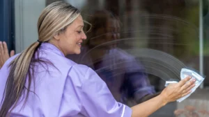 A woman wearing a light purple uniform smiles whilst cleaning a window with a cloth, leaving visible streaks on the glass.