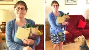 customer bill and mary flowers card dog red sofa