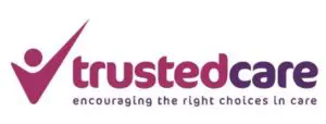 Logo for TrustedCare featuring a stylised tick figure and the text trustedcare in bold, with the strapline encouraging the right choices in care underneath.