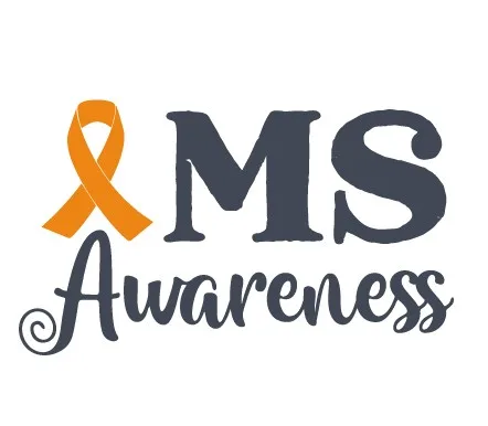 Text that says MS Awareness with an orange awareness ribbon forming the letter M. The design promotes awareness for multiple sclerosis.