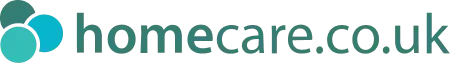Logo for homecare.co.uk featuring three overlapping teal circles on the left and the website name in lowercase green letters on a light grey background.