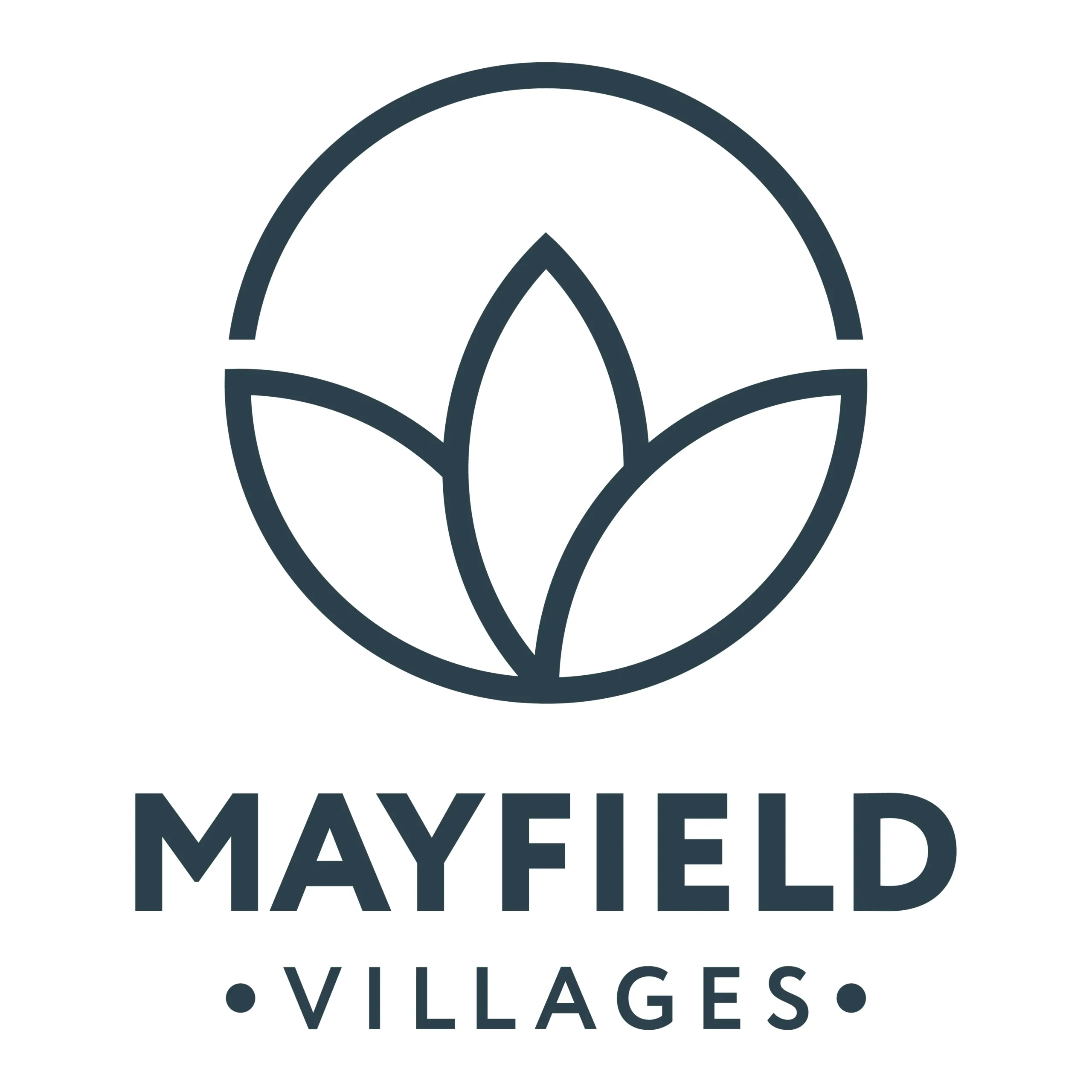 A circular logo with three leaf shapes inside and the text MAYFIELD VILLAGES below in bold, uppercase letters. The design is simple and uses dark lines on a white background.