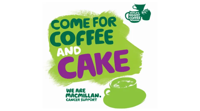 Green and purple text reads Come for coffee and cake. We are Macmillan. Cancer Support. A green mug and coffee cup are featured. Top right mug says World's Biggest Coffee Morning..