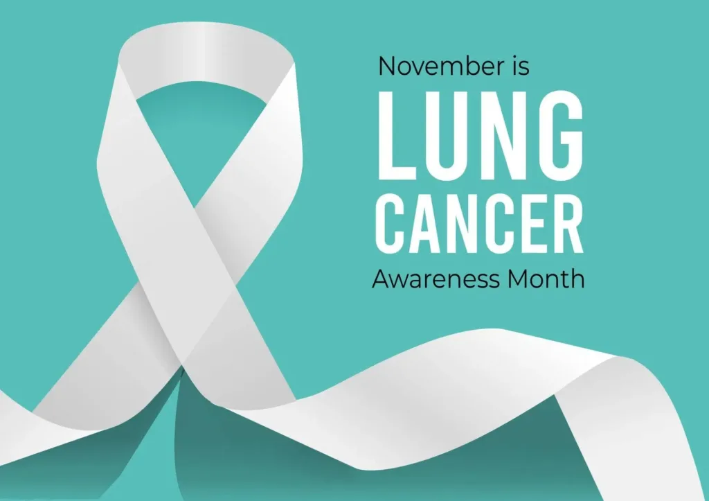 A white awareness ribbon against a teal background with the text, November is LUNG CANCER Awareness Month.