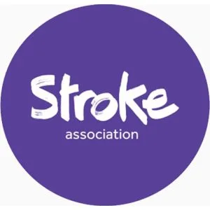 Logo for the Stroke Association, featuring the word Stroke in large, hand-drawn style white lettering above the word association in a smaller, sans-serif font, all set against a purple circular background.